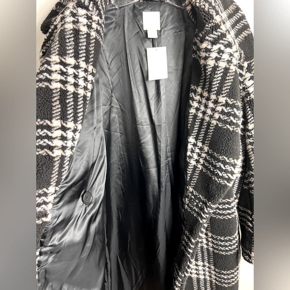 H&M Wool Blend Faux Shearling Double Breasted Coat Jacket Black Plaid XS NWT - Picture 6 of 9